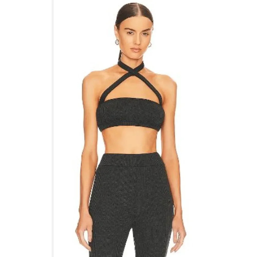 NWT‎ WeWoreWhat Tie Halter Bra Top Women's S Black Ribbed Bandeau Crisscross